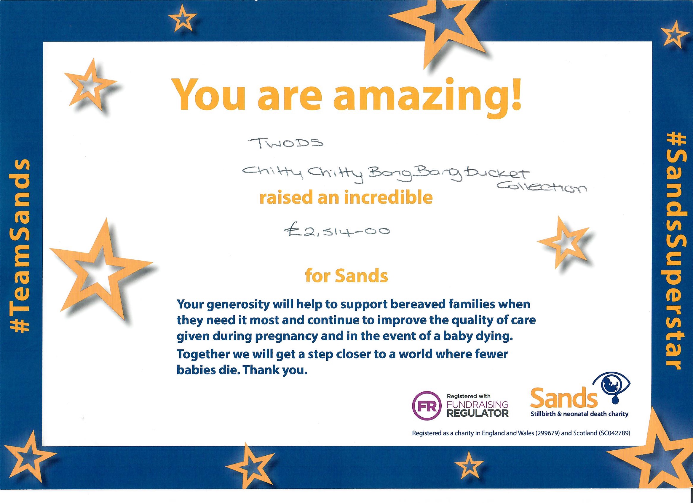 Thank you from SANDS - Chitty Chitty Bang Bang Bucket Collections